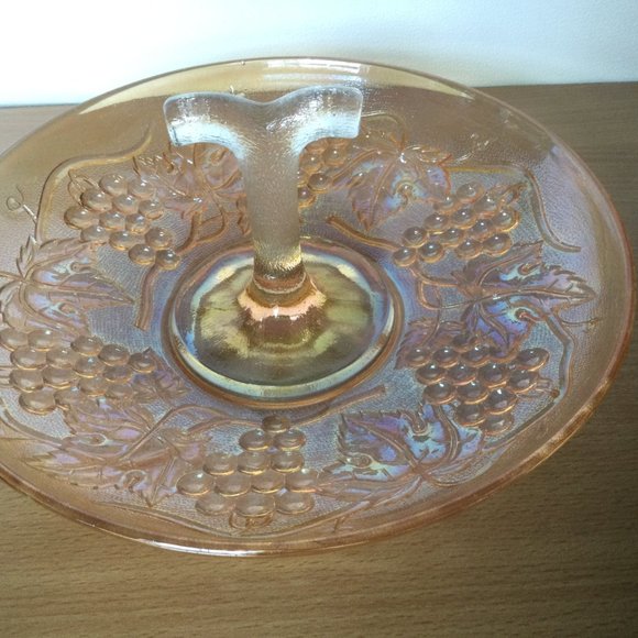 Vintage Carnival luster Glass serving tray plate with handle grapes motif Amber - Picture 2 of 7